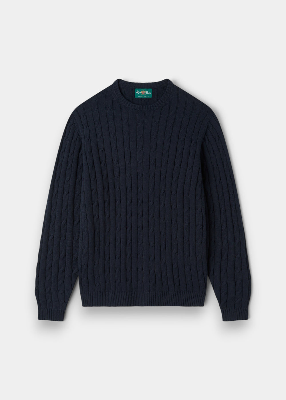 Alan Paine Honley dark navy cable knit crew neck jumper made from a soft Pima cotton and cashmere blend.