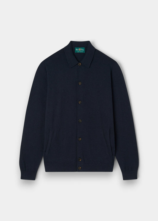 Alan Paine Tyneham dark navy button-through shirt in a soft pima cotton and cashmere blend with a classic collar.