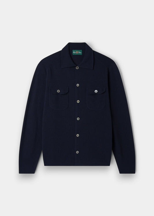 Alan Paine dark navy Geelong wool knitted shirt with button-through front, chest pockets, and a soft collar.