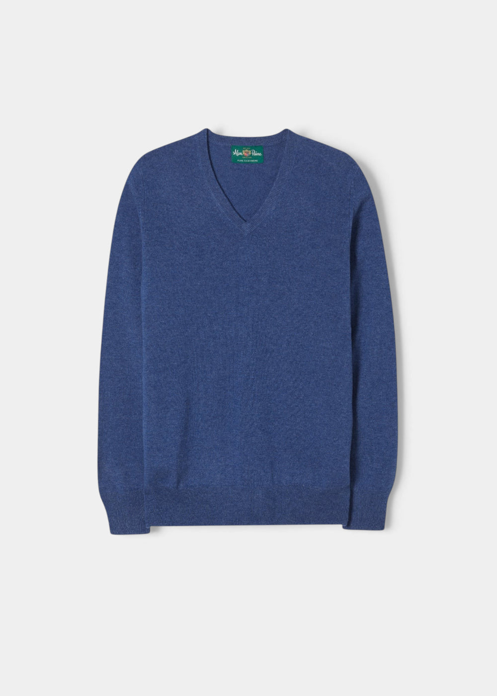 Haddington Pure Cashmere V-Neck Jumper in Denim, regular fit; men’s luxe blue knitwear laid flat on white background.