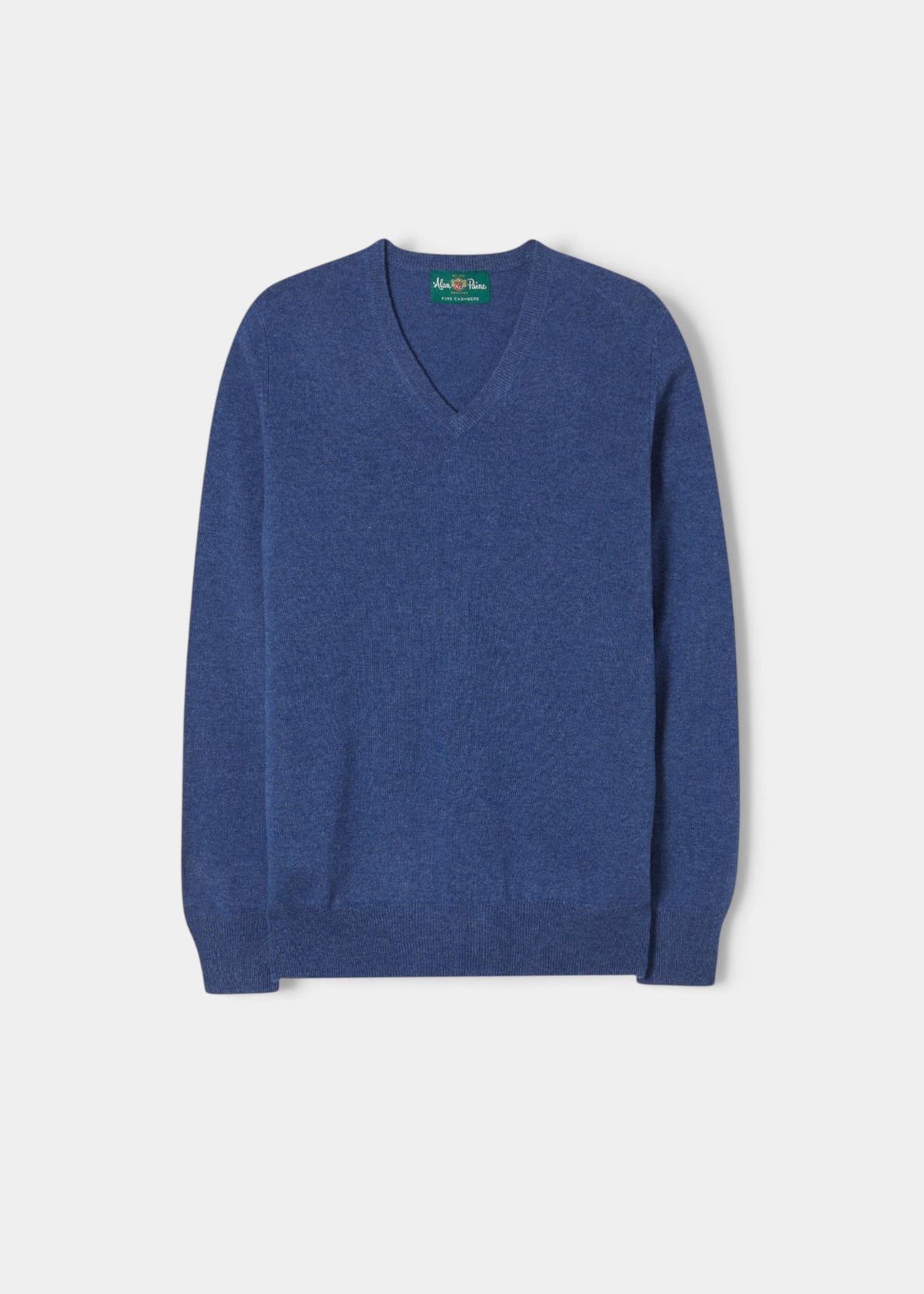 Haddington Pure Cashmere V-Neck Jumper in Denim, regular fit; men’s luxe blue knitwear laid flat on white background.