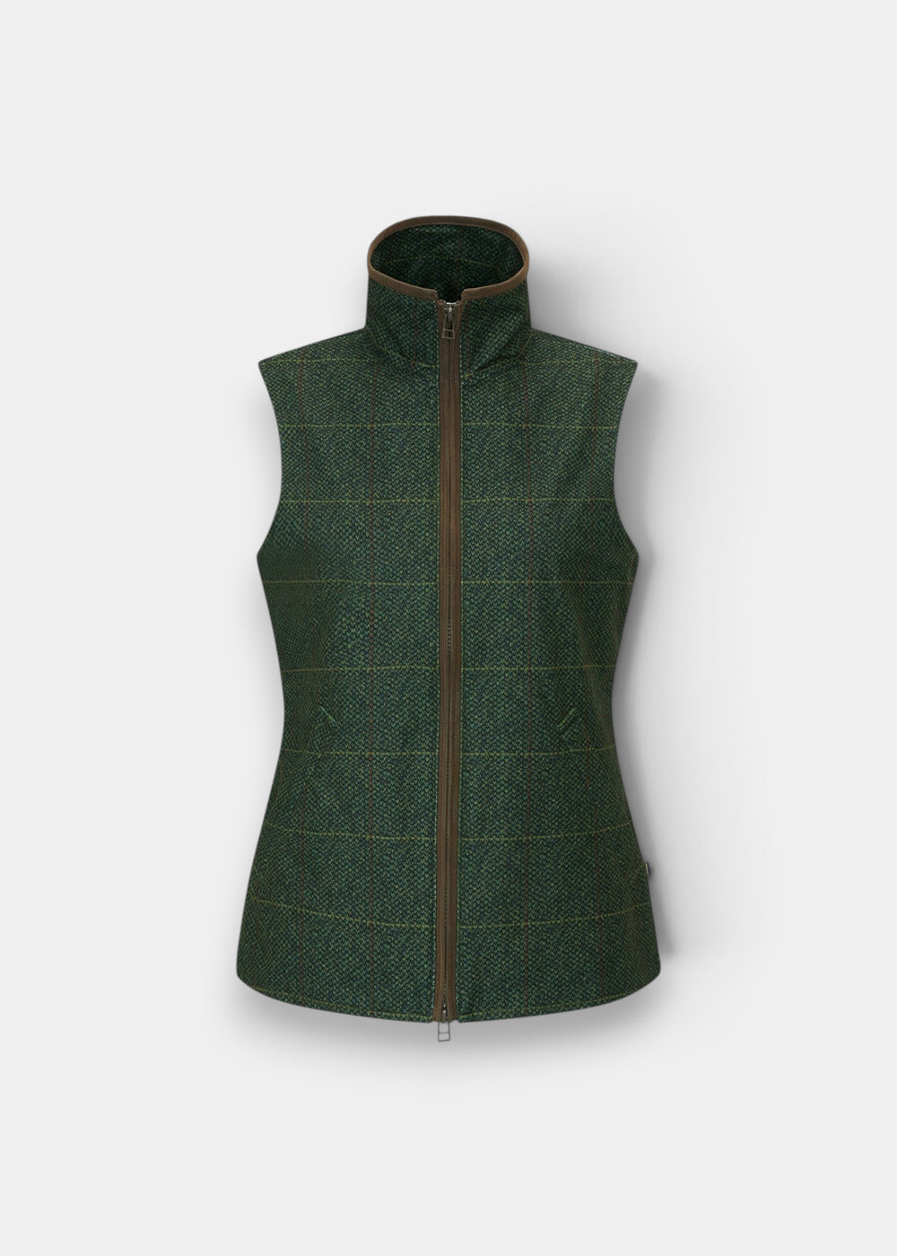 Didsmere Ladies Technical Tweed Gilet in Myrtle, regular fit, sleeveless with high collar and front zip, shown on white.