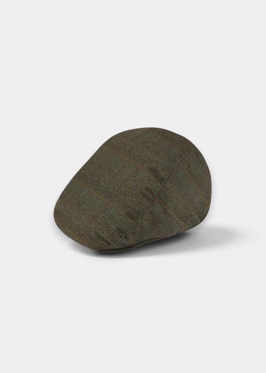 Alan Paine Didsmere waterproof cap in Elon green tweed-effect polyester with a classic flat cap silhouette.