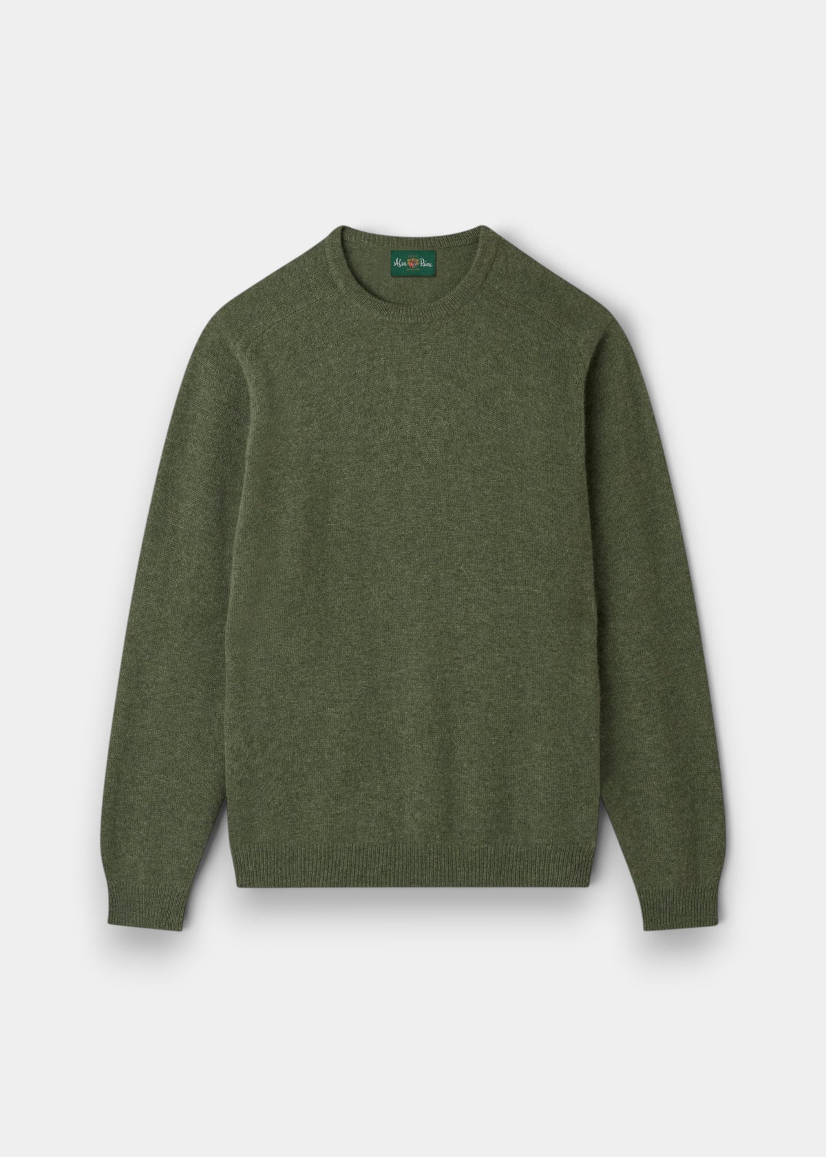 Alan Paine Dorset men's crew neck jumper in landscape green lambswool with saddle shoulder and ribbed trim.