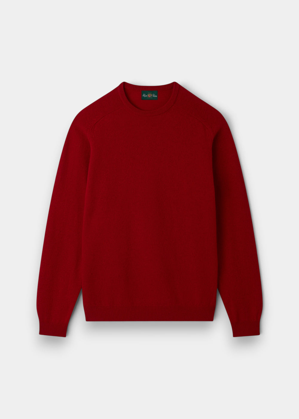 Alan Paine Dorset men's crew neck jumper in deep red Dubonnet lambswool with saddle shoulder and ribbed trim.