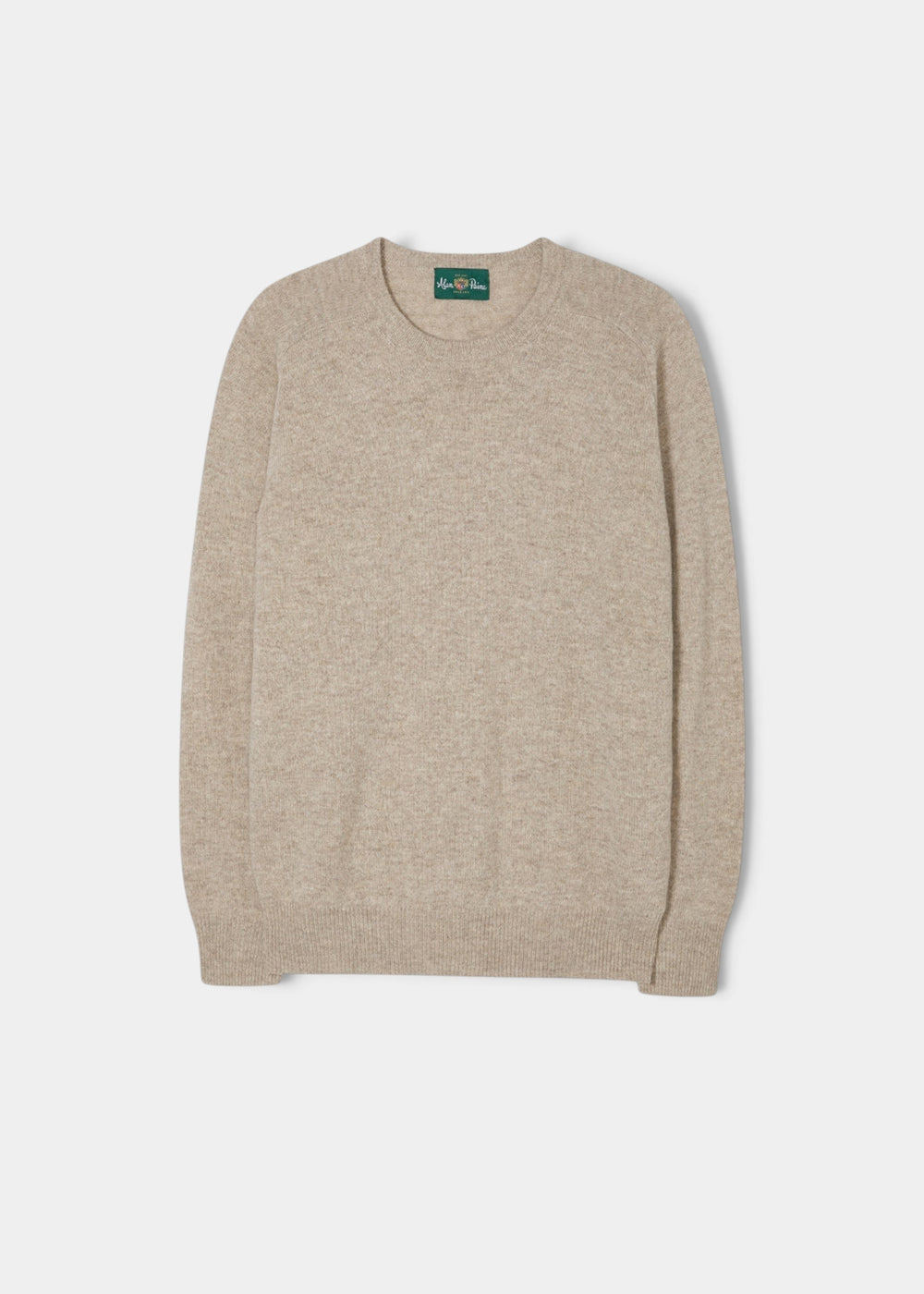 Dorset Lambswool Crew Neck Jumper in Cobble, classic fit, laid flat on white, inspired by men’s heritage knitwear.