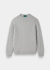 Alan Paine Honley dove grey cable knit crew neck jumper made from a soft Pima cotton and cashmere blend.