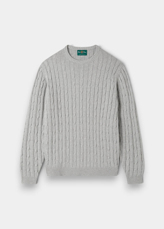 Alan Paine Honley dove grey cable knit crew neck jumper made from a soft Pima cotton and cashmere blend.