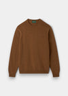 Alan Paine Dorset men's crew neck jumper in driftwood brown lambswool with saddle shoulder and ribbed hem.