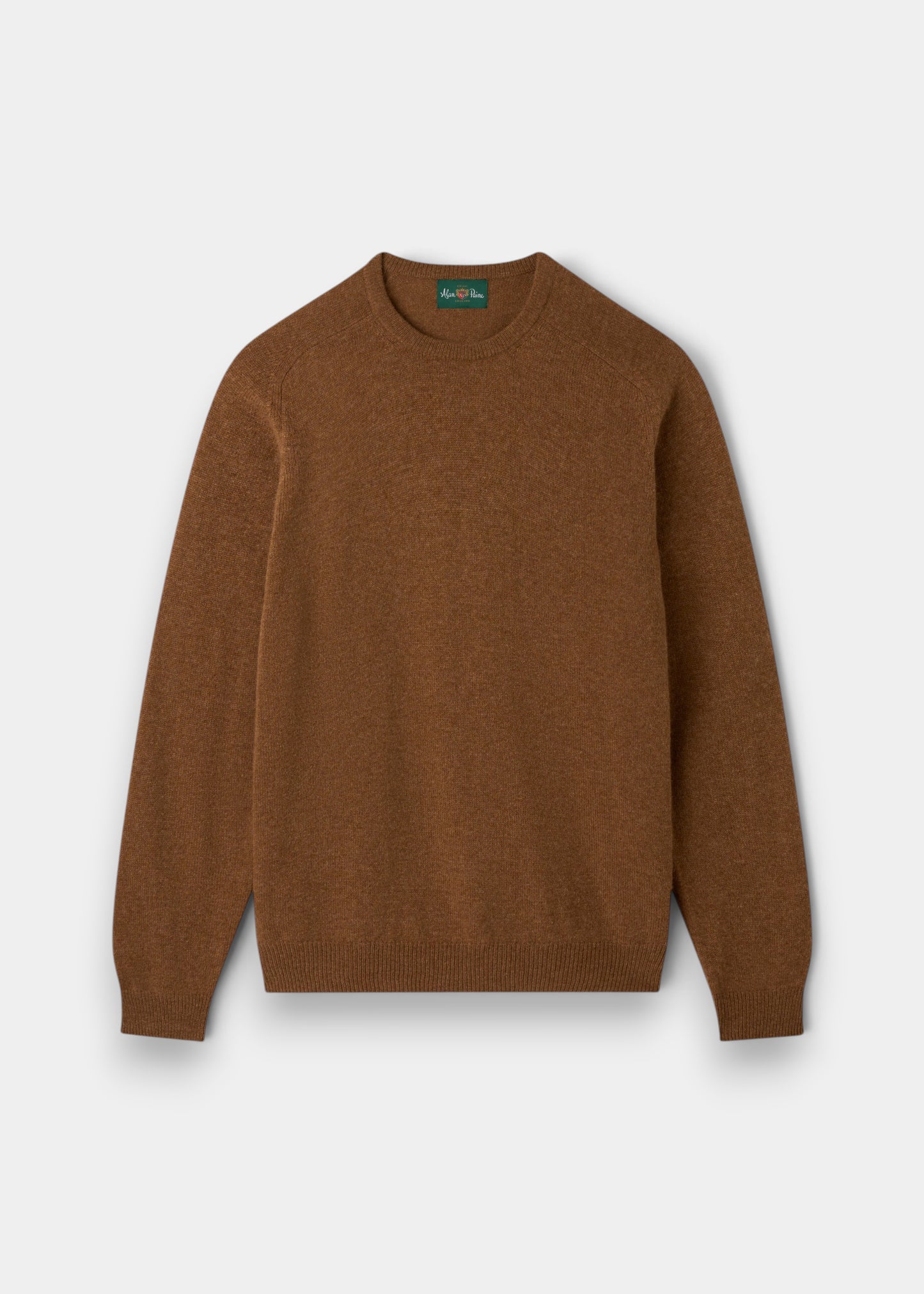 Alan Paine Dorset men's crew neck jumper in driftwood brown lambswool with saddle shoulder and ribbed hem.