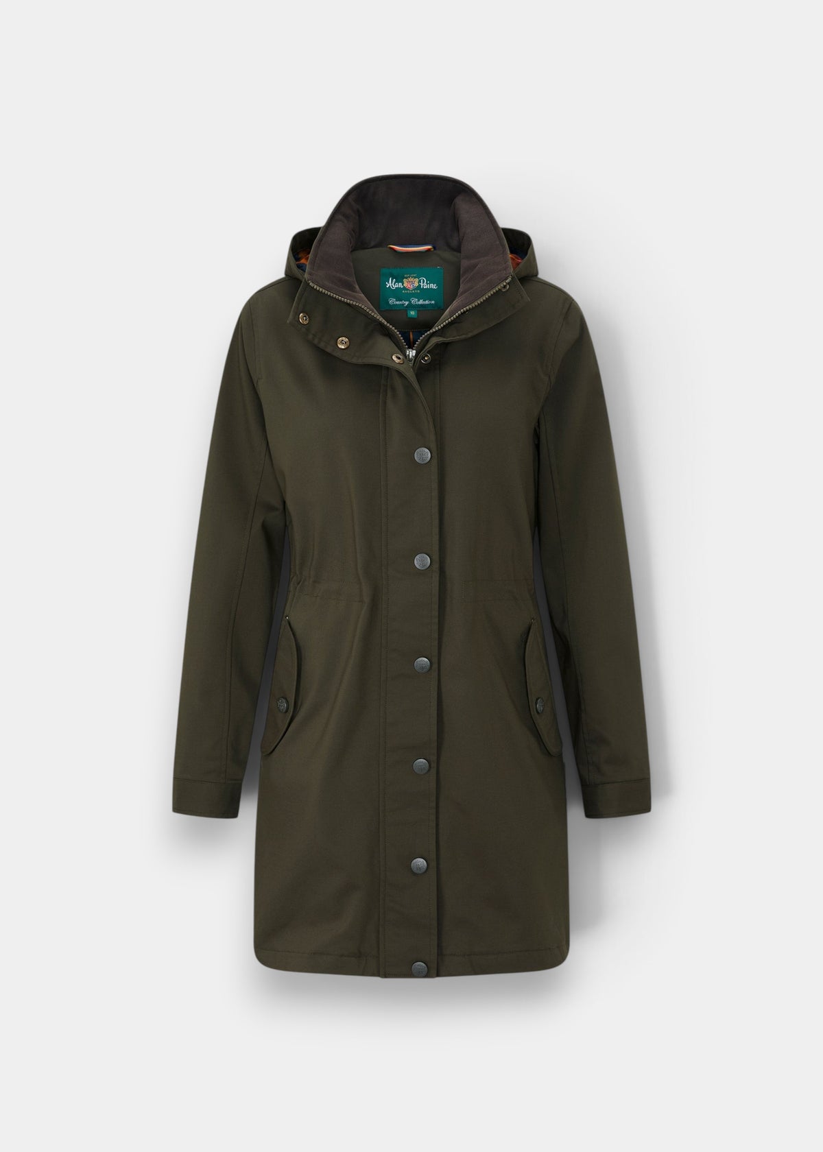 Dunswell Ladies Jacket in Olive with hood, buttons, and pockets displayed on a plain white background.