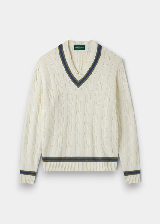 Alan Paine Sandridge ecru cotton cable knit cricket jumper with green and blue V-neck and hem trim