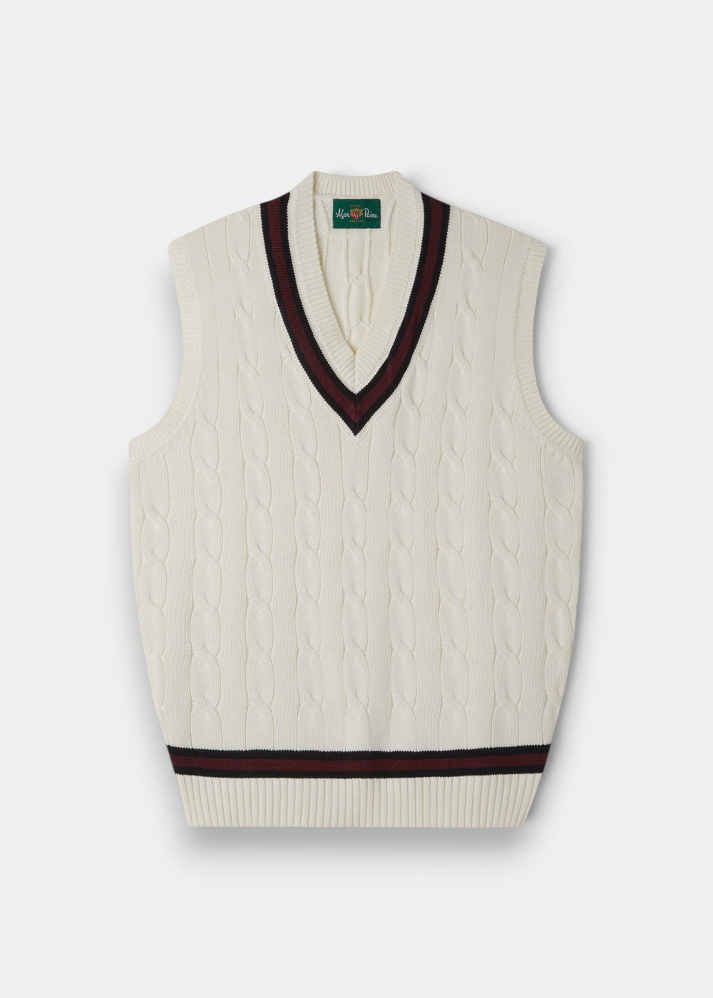 Alan Paine ecru cotton cable knit cricket slipover with dark navy and burgundy V-neck and hem trim.