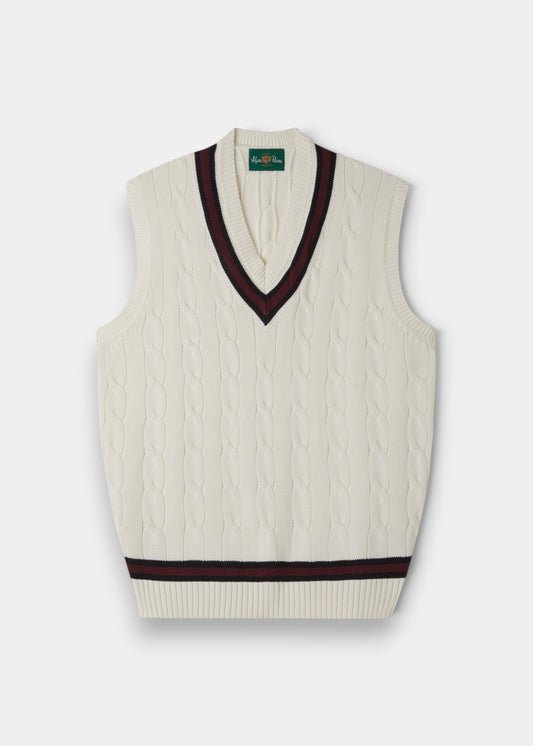 Alan Paine ecru cotton cable knit cricket slipover with dark navy and burgundy V-neck and hem trim.
