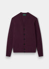 Kinloch Supersoft Shetland Wool V-Neck Cardigan in Elderberry with black buttons, ribbed cuffs and hem, on white.