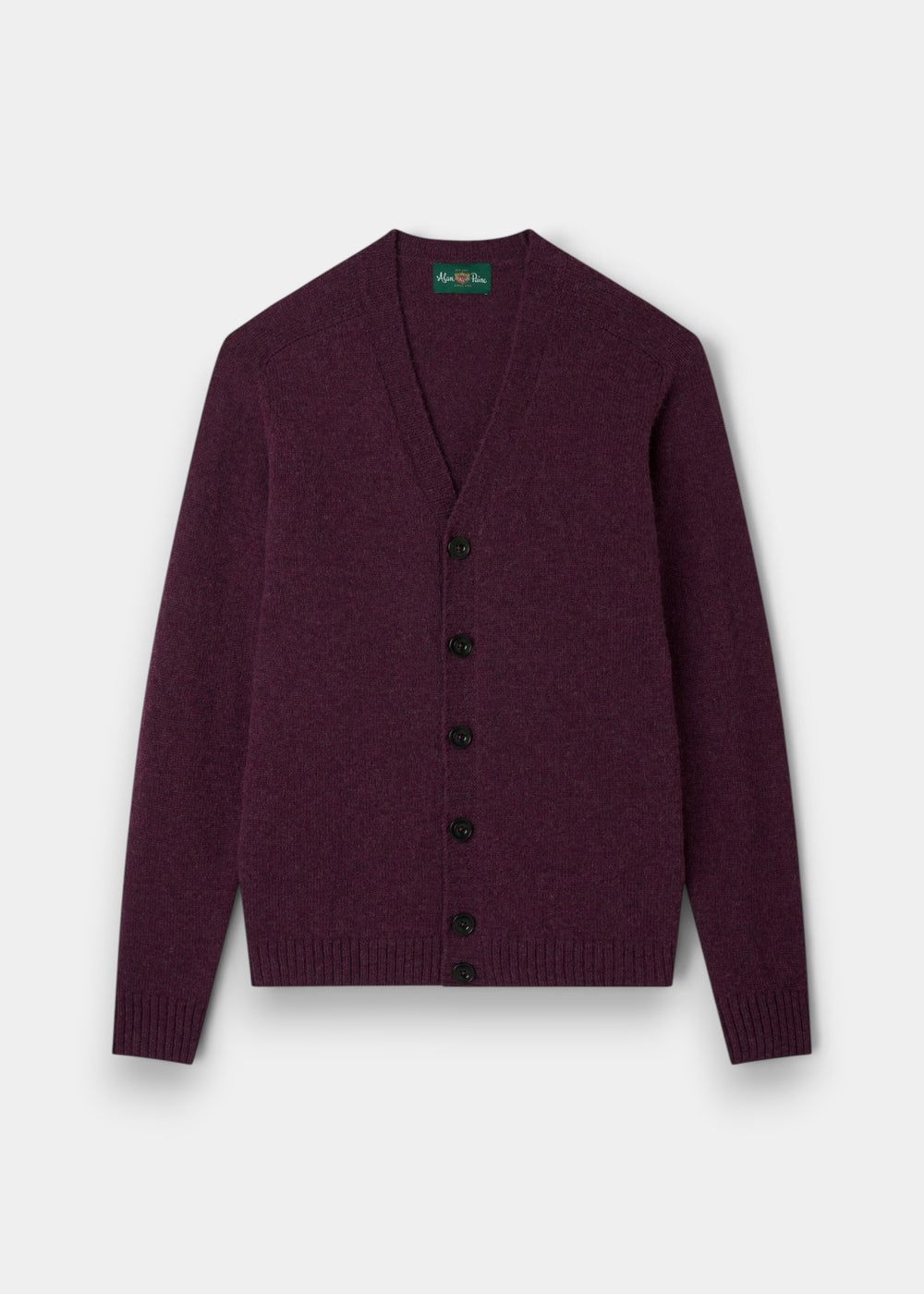 Kinloch Supersoft Shetland Wool V-Neck Cardigan in Elderberry with black buttons, ribbed cuffs and hem, on white.