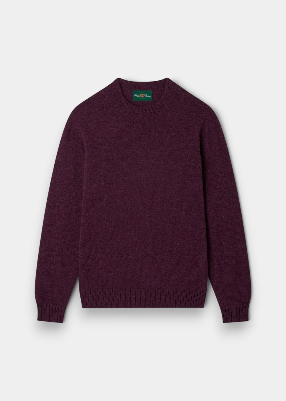 The Kinnadie Supersoft Shetland Wool Crew Neck Jumper in Elderberry is laid flat on a white background.