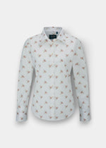 Alan Paine ladies long-length cotton shirt in white with a delicate pink and green floral print and button-up front.