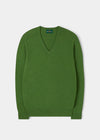 Alan Paine men's green lambswool v-neck jumper with saddle shoulder and ribbed cuffs in a classic fit