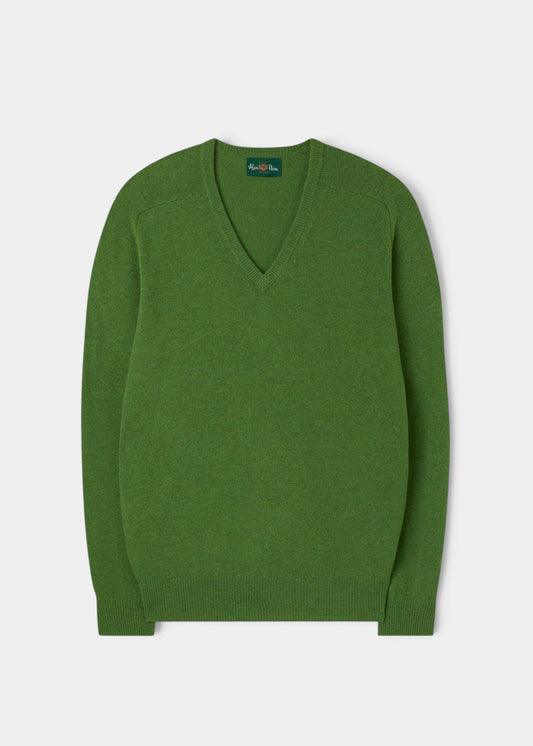 Alan Paine men's green lambswool v-neck jumper with saddle shoulder and ribbed cuffs in a classic fit