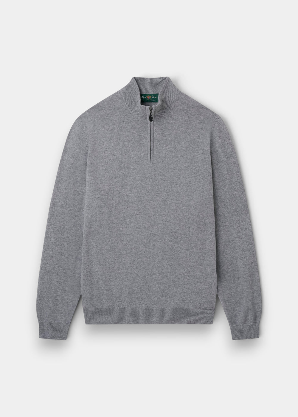 Hanbury Pure Cashmere Quarter Zip Jumper in Light Grey Mix, regular fit, long sleeves, laid flat on a light background.