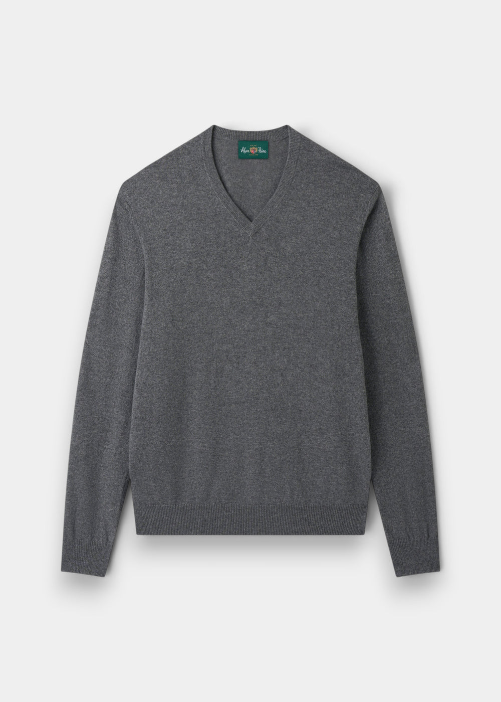 Haddington Pure Cashmere V-Neck Jumper in Derby gray, regular fit, laid flat on a plain white background.