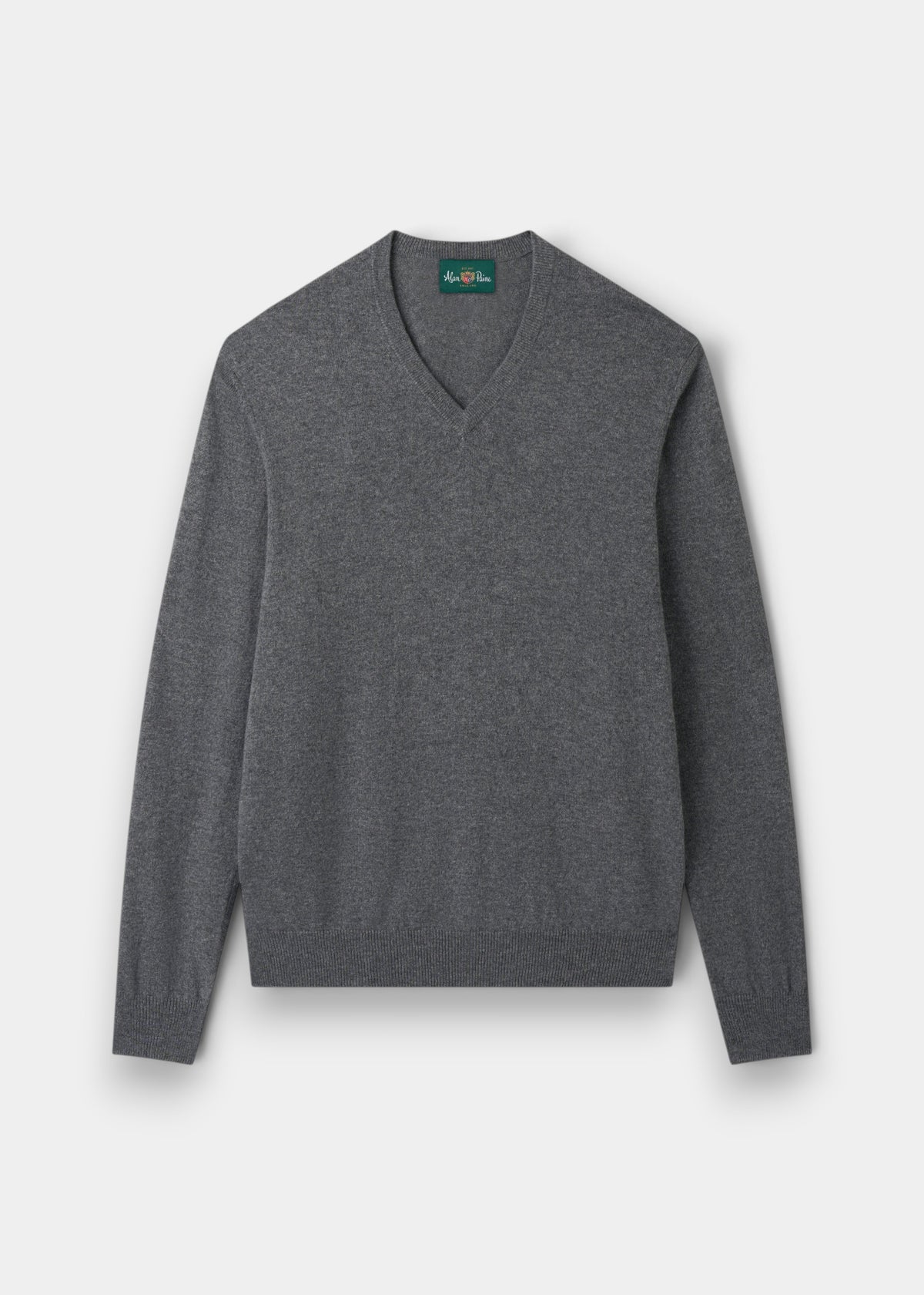 Haddington Pure Cashmere V-Neck Jumper in Derby gray, regular fit, laid flat on a plain white background.