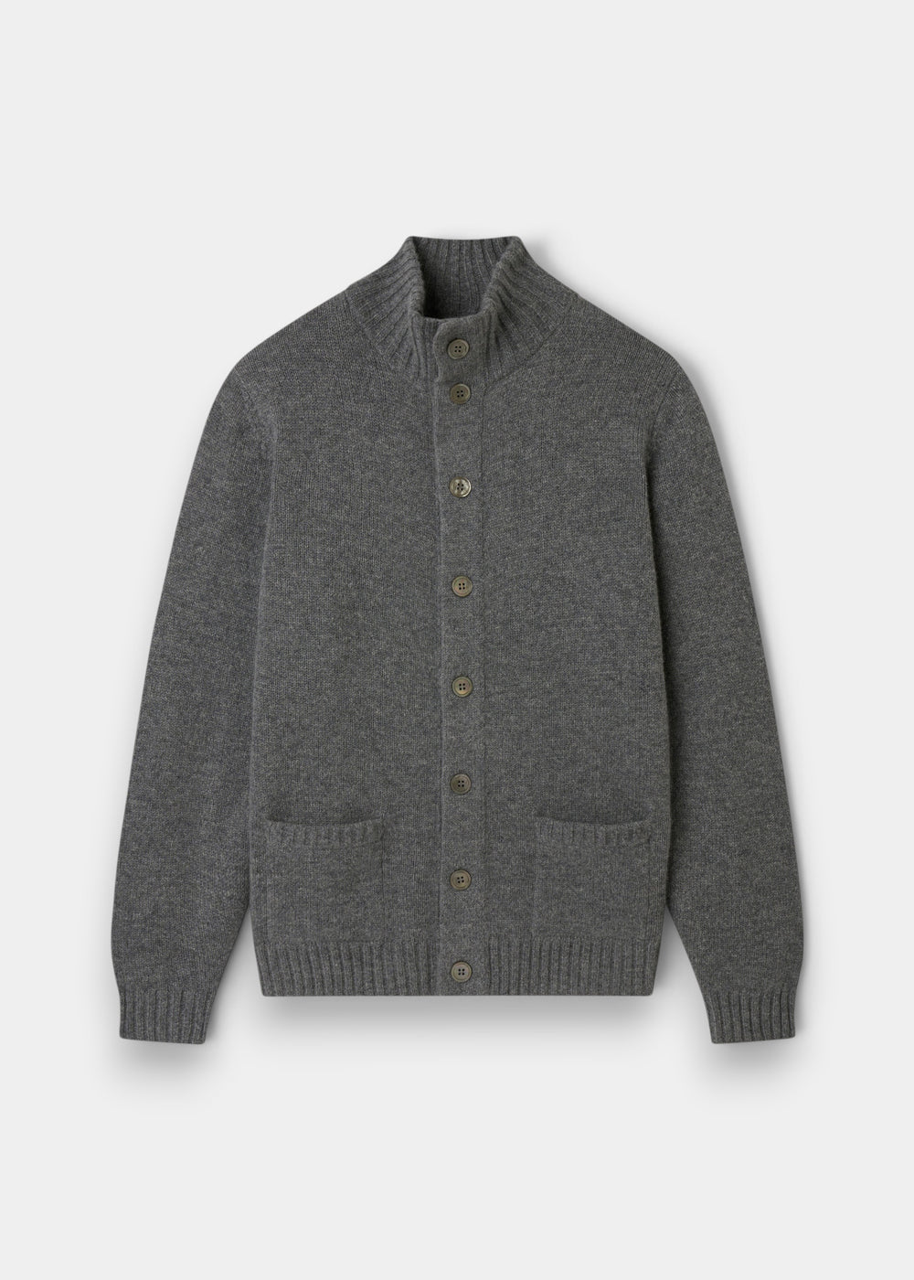 Landford Lambswool Buttoned Mock Neck Jumper in Grey Mix, regular fit, shown laid flat on a white background.