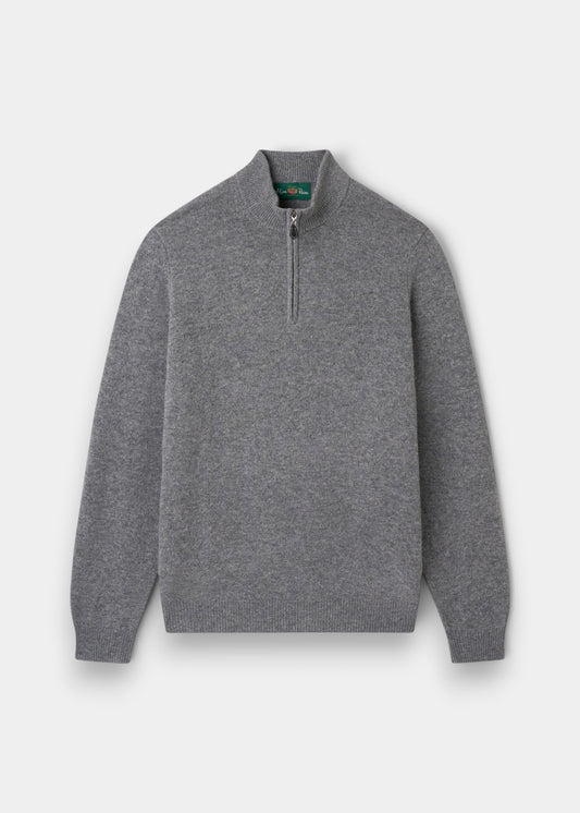 Alan Paine grey lambswool quarter zip jumper with a mock neck, ribbed cuffs, and a leather zip pull.