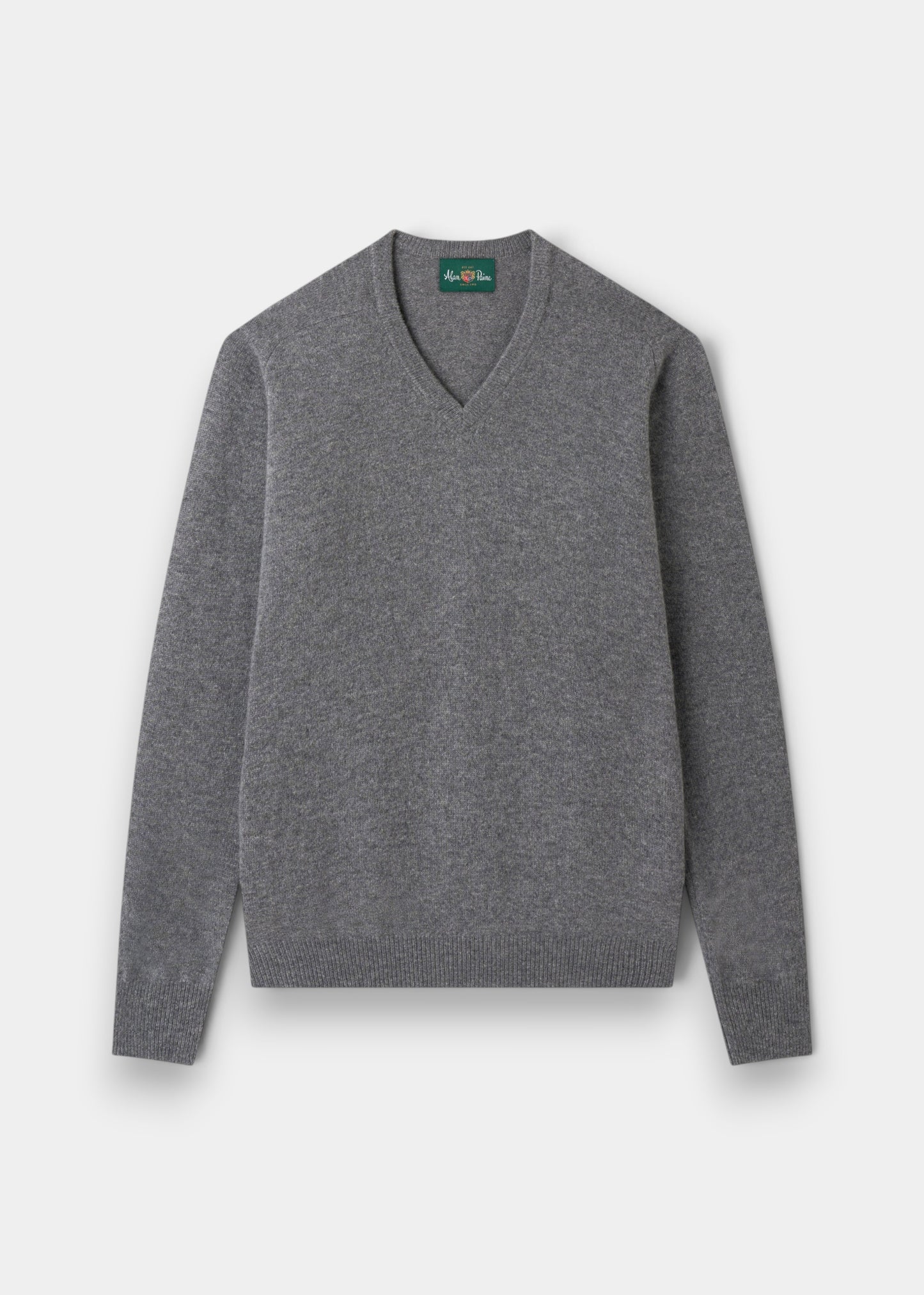 Alan Paine grey mix V-neck jumper in soft lambswool with a classic fit, saddle shoulders, and ribbed trim.