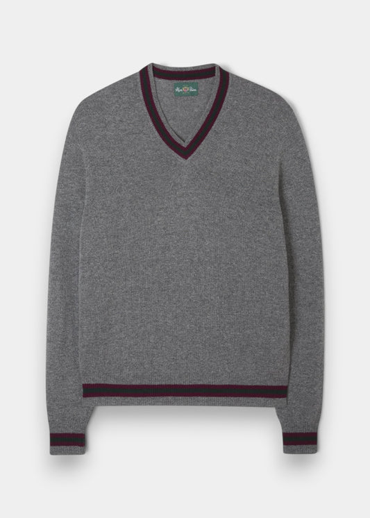 Alan Paine grey lambswool V-neck sweater with heritage-coloured trim on the collar, cuffs, and hem.