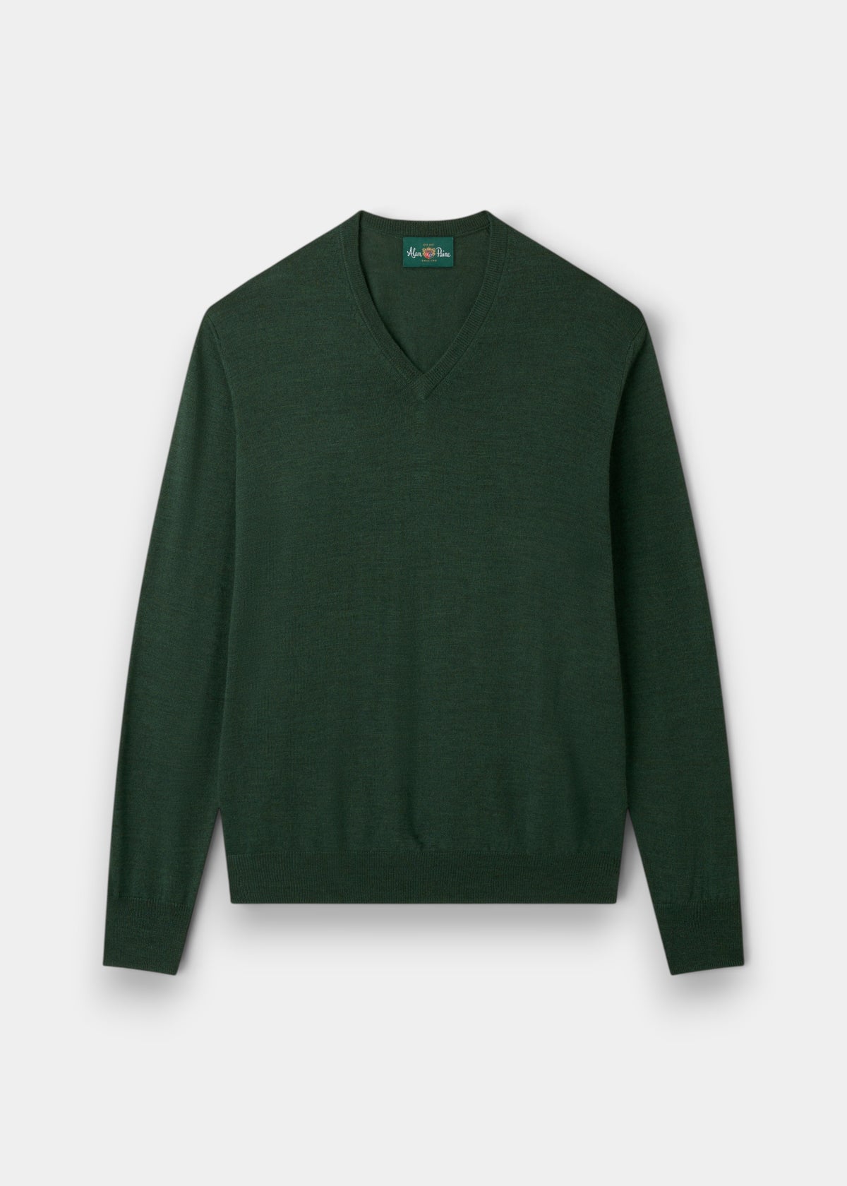 Alan Paine Millbreck hunter green v-neck jumper in fine Italian merino wool with ribbed hem and cuffs.