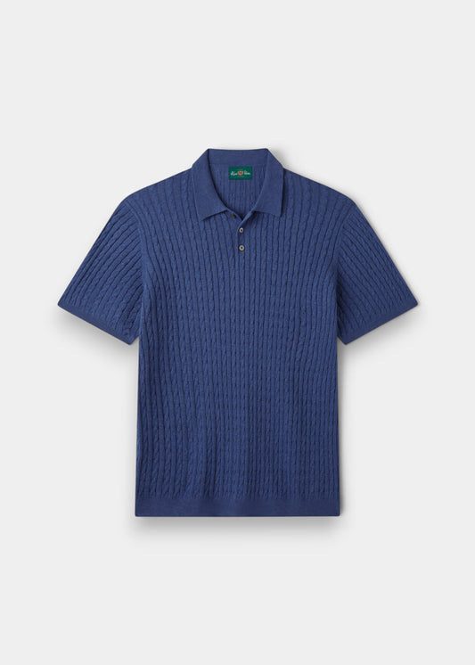 Alan Paine Portmellon indigo blue polo shirt in 100% cotton with a textured baby cable knit and button placket.