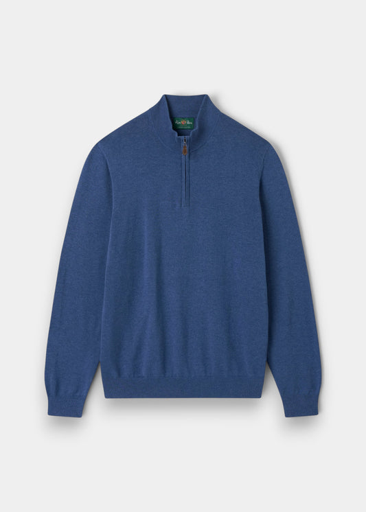Alan Paine Selhurst indigo quarter zip jumper in a soft Pima cotton and cashmere blend with ribbed cuffs and hem.