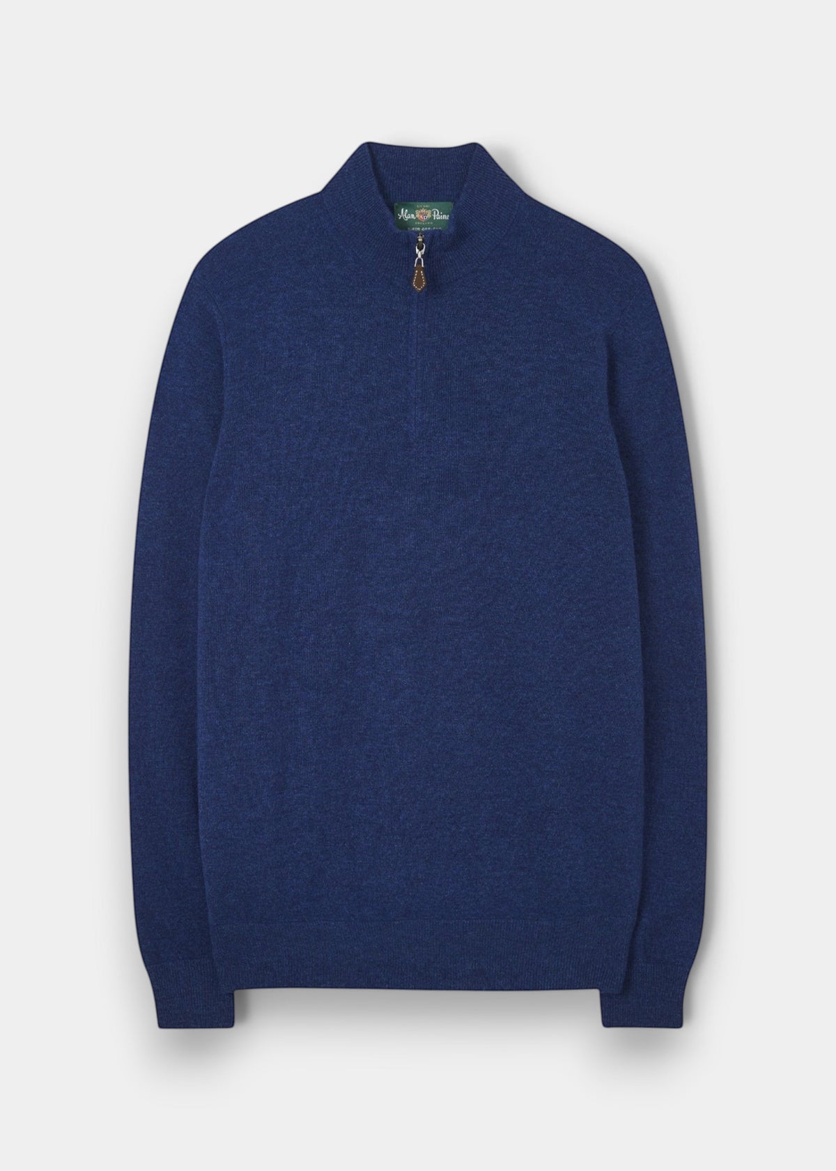 Alan Paine Cairns indigo Geelong wool quarter zip jumper with mock neck and ribbed cuffs in a regular fit