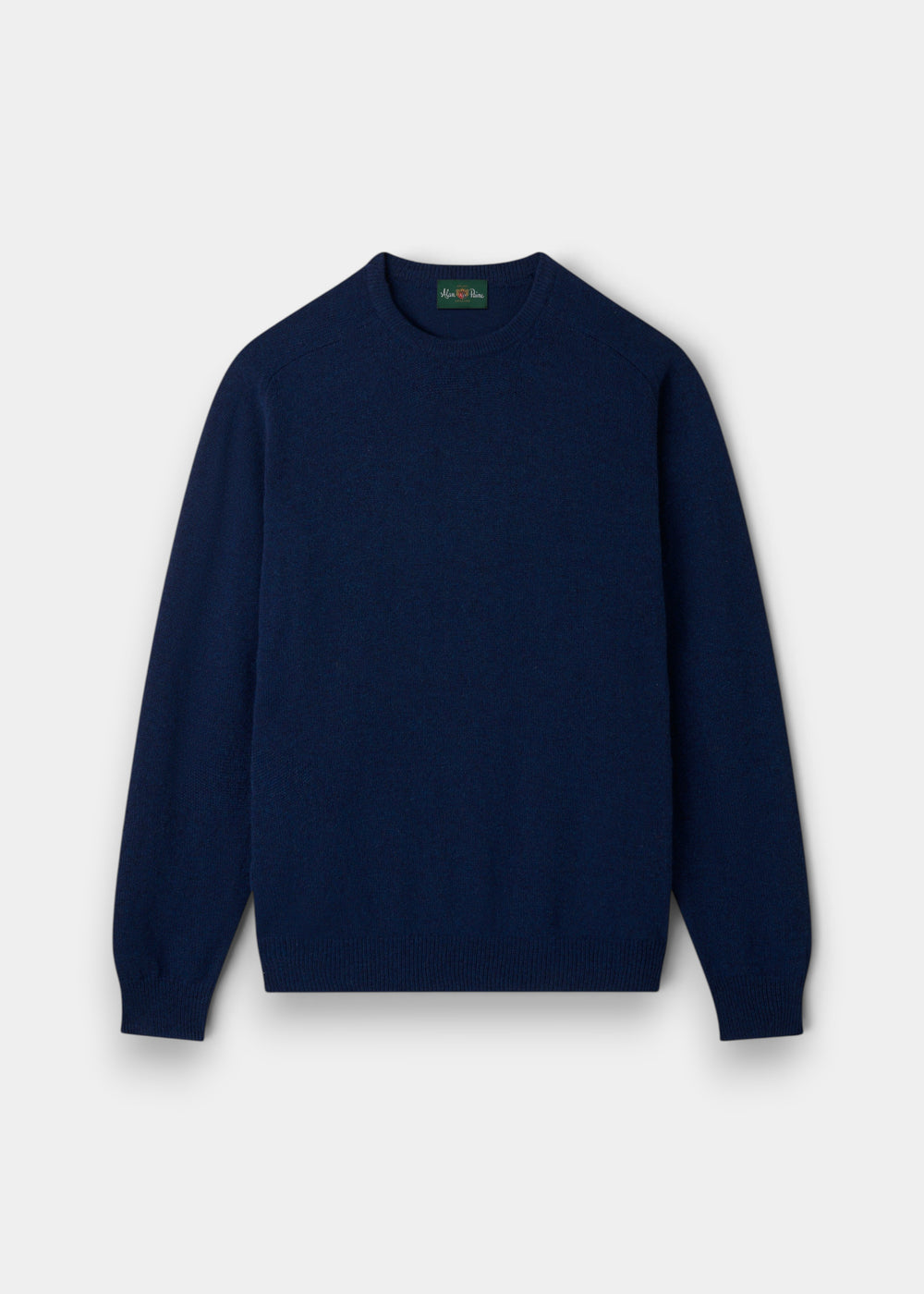 Alan Paine Dorset men's crew neck jumper in indigo blue, crafted from soft lambswool with a classic saddle shoulder.