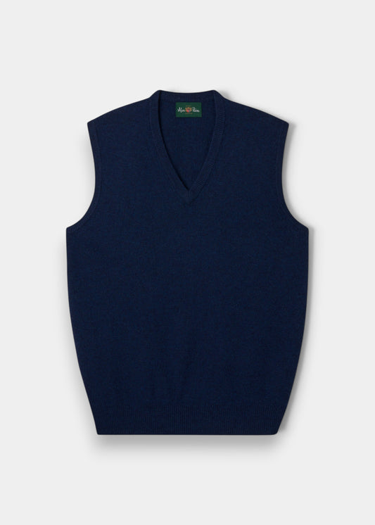 Alan Paine Norfolk indigo lambswool V-neck slipover with a classic fit, ribbed hem, and traditional saddle shoulder.