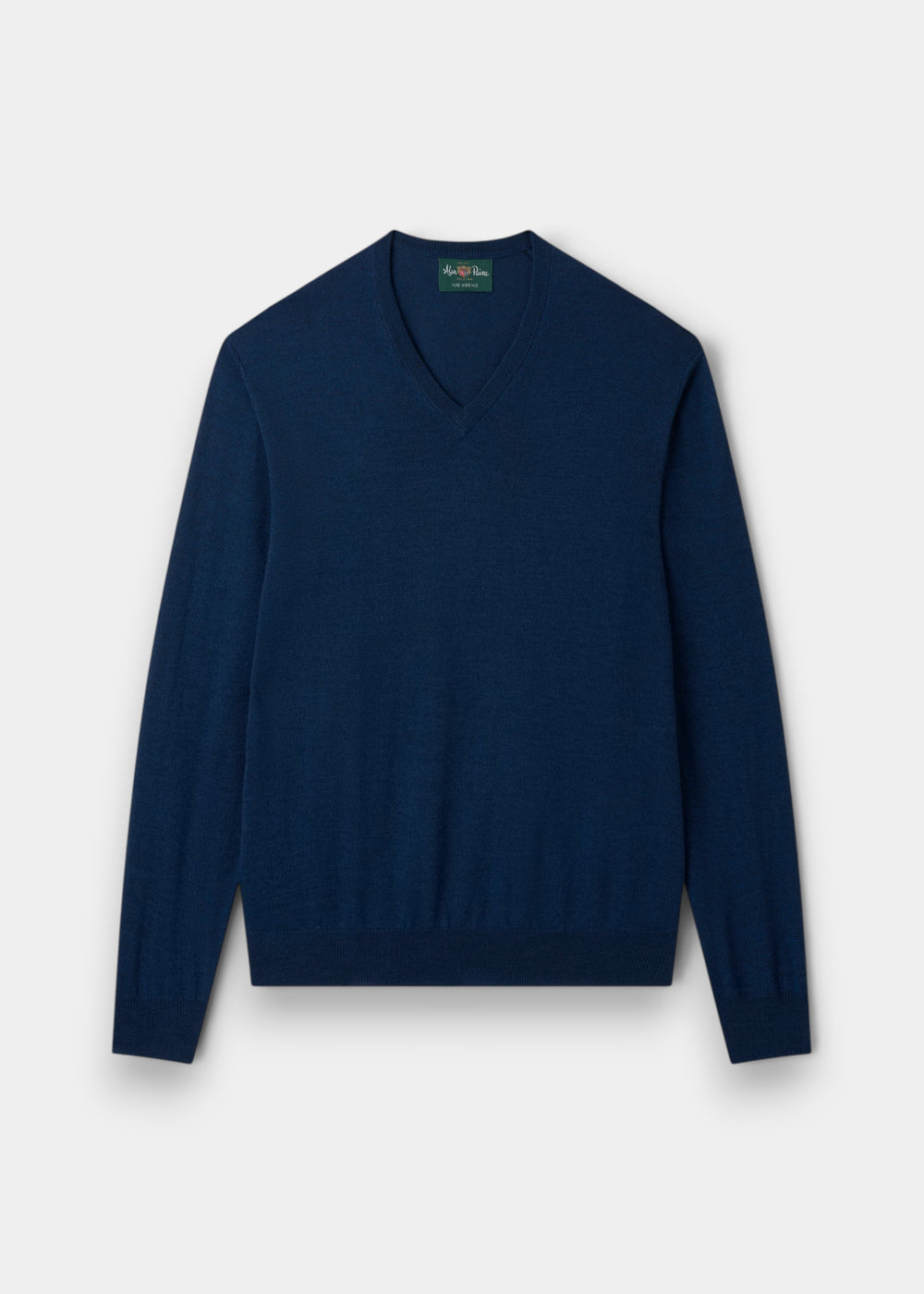 Alan Paine indigo blue v-neck jumper in 100% fine Italian merino wool with ribbed hem and cuffs