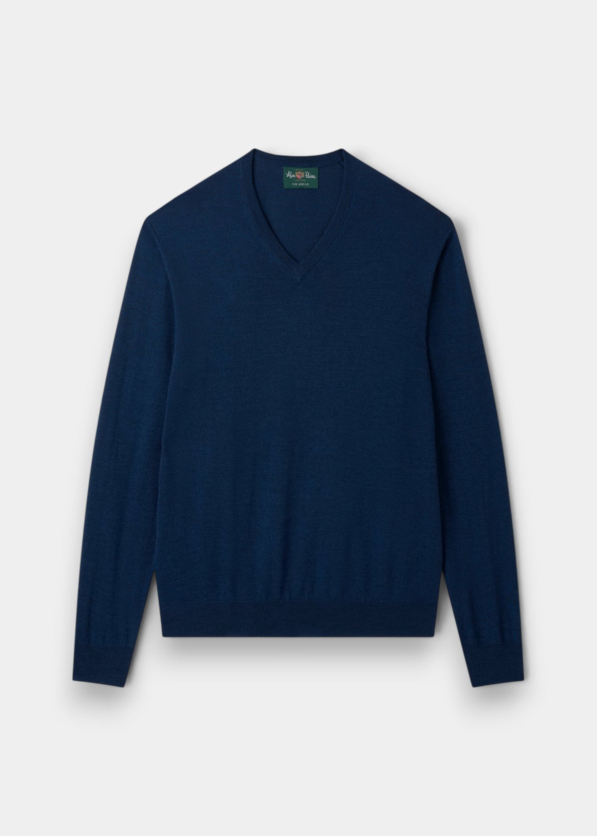 Alan Paine indigo blue v-neck jumper in 100% fine Italian merino wool with ribbed hem and cuffs