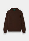Alan Paine Kinnadie coffee brown crew neck jumper in supersoft Shetland and lambswool blend with ribbed cuffs and hem.