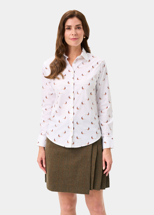 Alan Paine ladies white cotton shirt with pheasant print, featuring a flattering fit and long length.