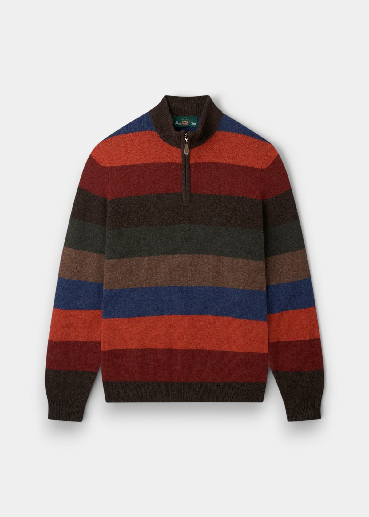Alan Paine Lyndhurst lambswool 1/4 zip jumper in a multi-coloured block stripe pattern with a mock neck.
