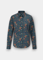 Alan Paine Lawen ladies blue floral print cotton shirt with a flattering darted fit and long length
