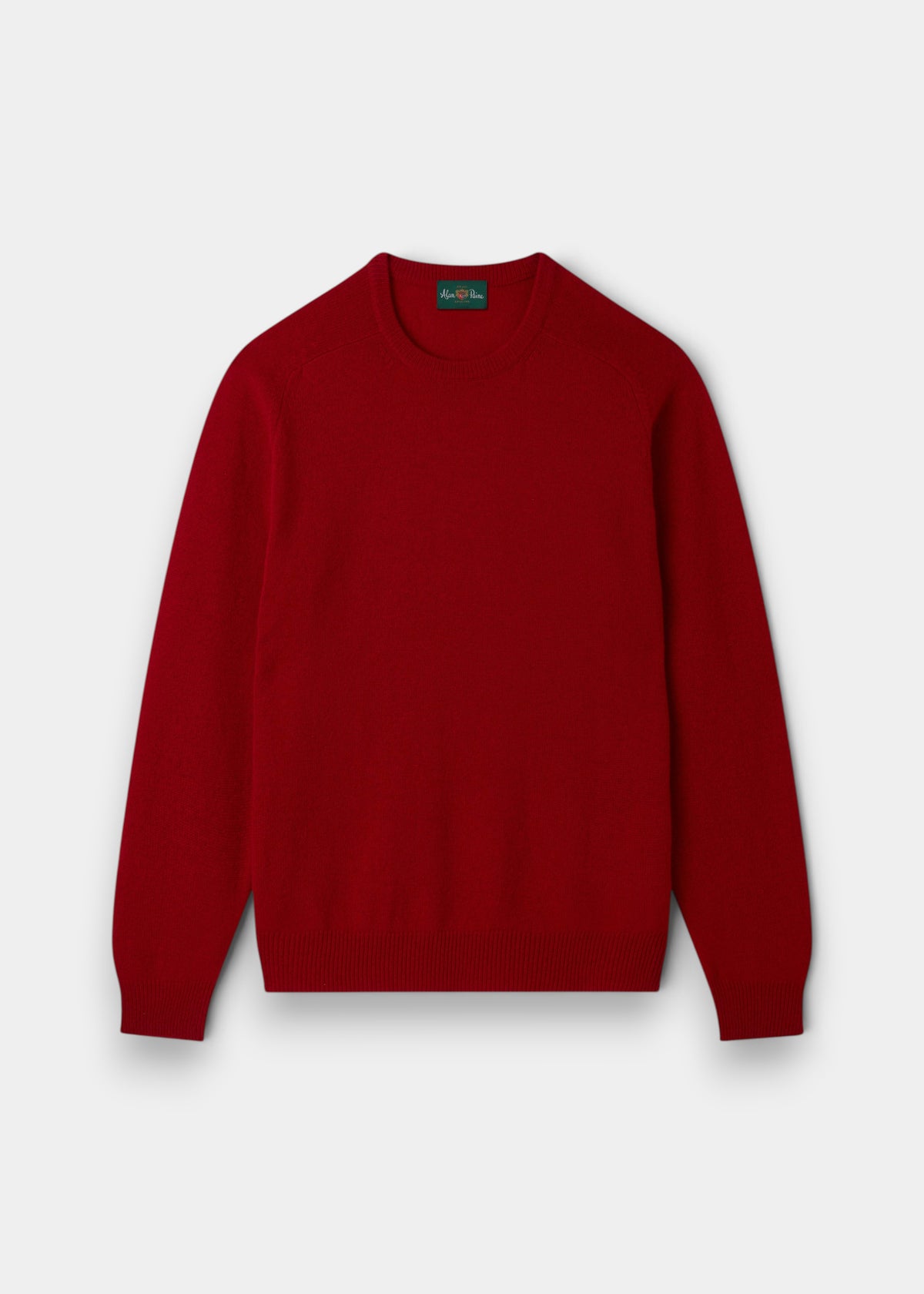 Alan Paine Lenzie men's crew neck jumper in deep red dubonnet lambswool with saddle shoulder and ribbed hem