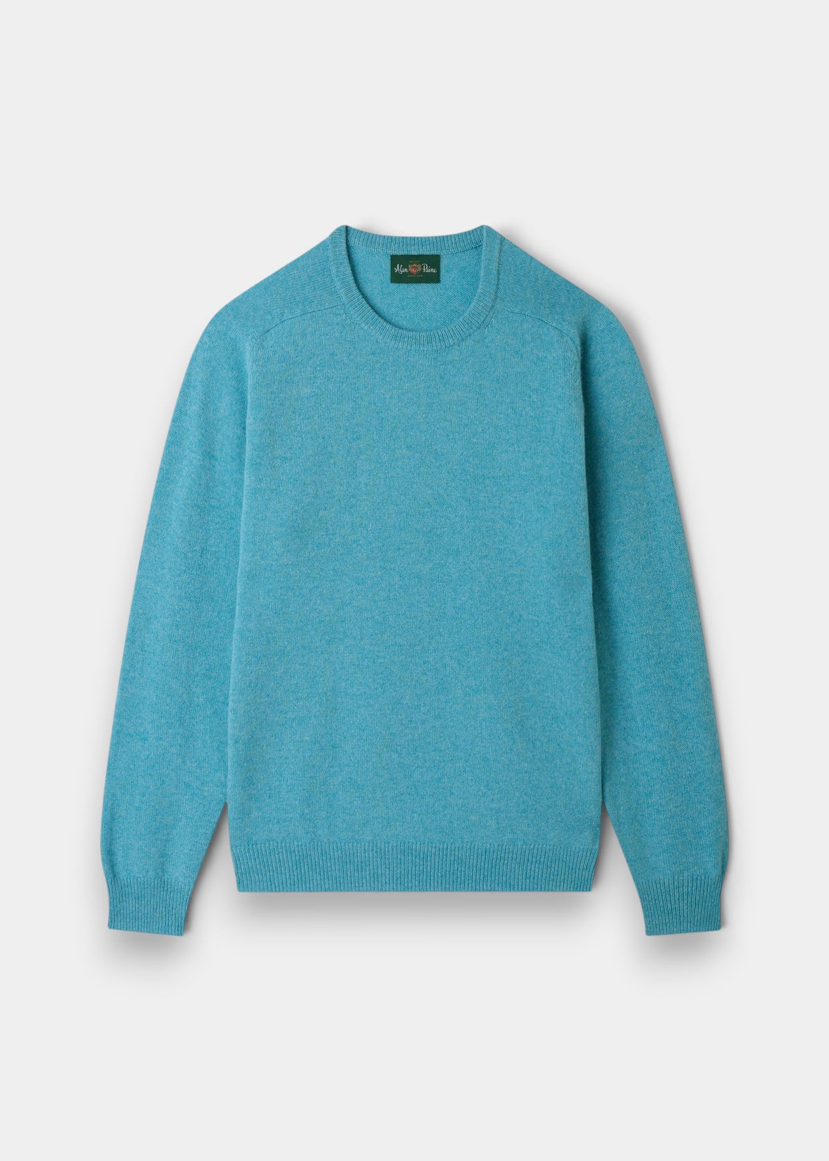 Lenzie Lambswool Crew Neck Jumper in Topaz, regular fit, laid flat on white with long sleeves and ribbed details.