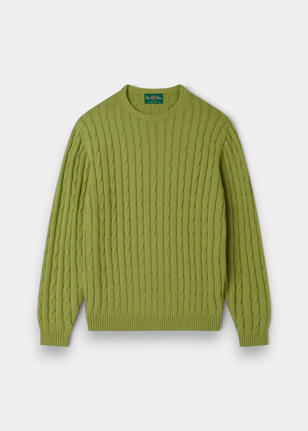 Alan Paine Honley lichen green cable knit crew neck jumper made from a soft Pima cotton and cashmere blend.