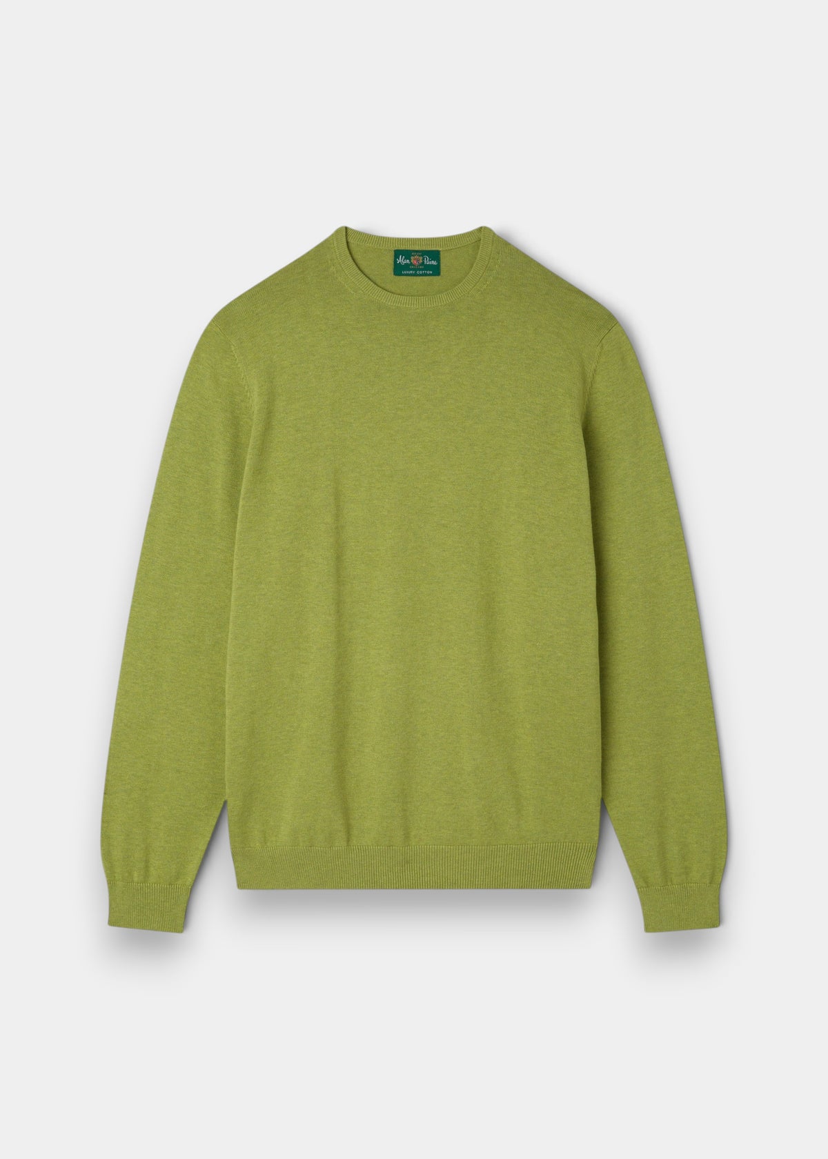 Alan Paine Leysmill crew neck jumper in lichen green, crafted from a soft Pima cotton and cashmere blend.