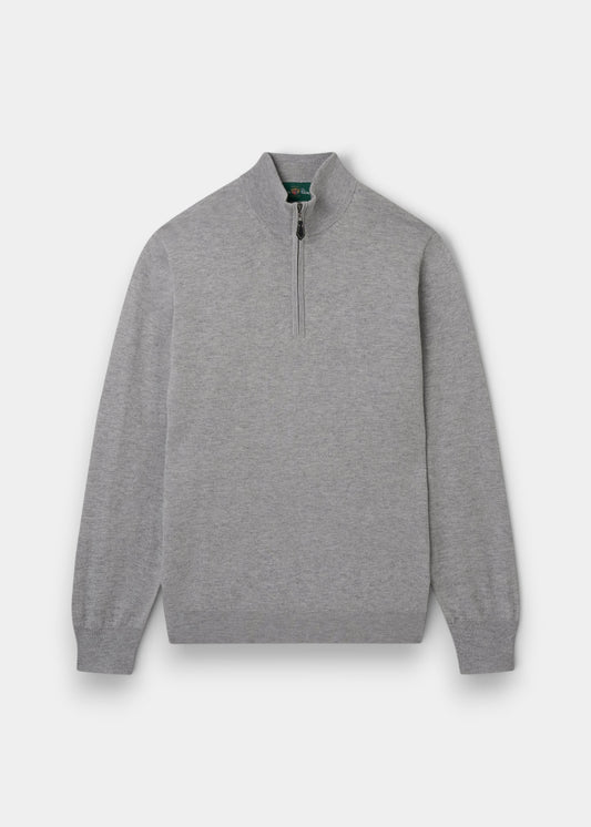 Alan Paine Ashfield light grey mix 1/4 zip jumper in a soft cotton and merino wool blend with ribbed cuffs.