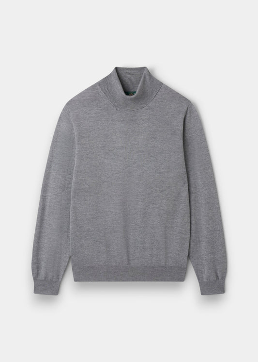 Alan Paine Linton light grey merino wool roll neck jumper with ribbed hem and cuffs in a regular fit