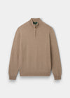 Hanbury Pure Cashmere Quarter Zip Jumper in Linen with ribbed cuffs and hem, laid flat on white background.